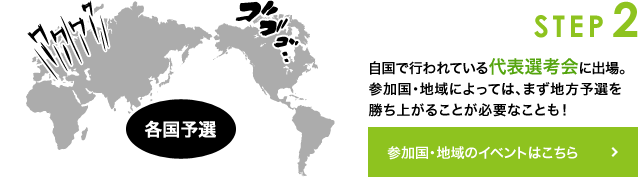 STEP 2 自国で行われている代表選考会に出場。参加国・地域によっては、まず地方予選を勝ち上がることが必要なことも！→参加国・地域のイベントはこちら